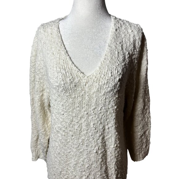 Womens M Cream Textured Knit V-Neck Dress With 3/4 Sleeves & Relaxed Fit - Picture 5 of 10